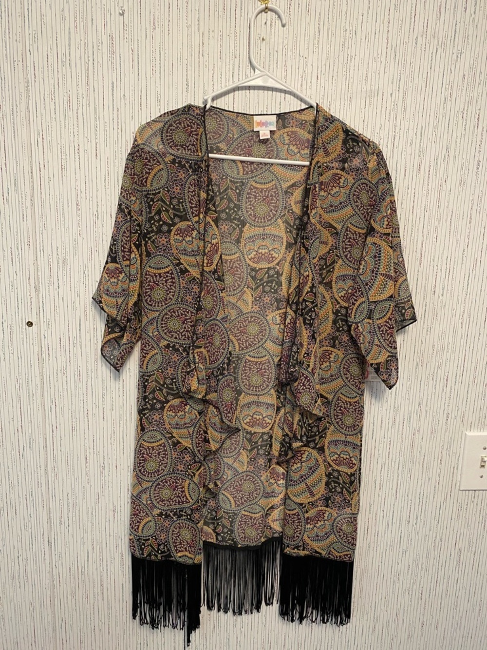 Lula Roe Monroe  Size Small Sheer Black Paisley Fringe Kimono